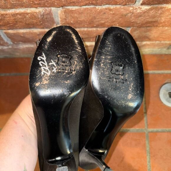 Stuart Weitzman Brown Satin Peep-Toe Heels with Ruffle - Picture 7 of 11